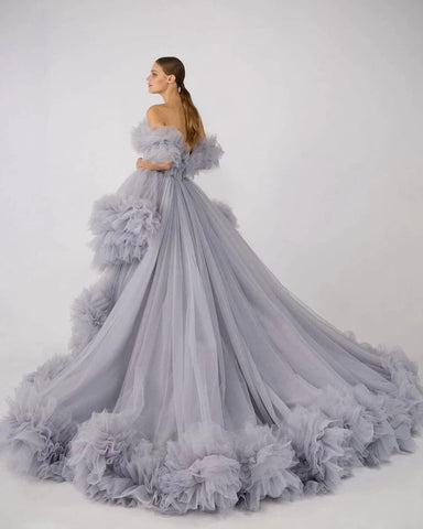 Rüschen-Tüll-Robe für Schwangerschafts-Fotoshooting, transparent, schulterfrei, Umstandsrobe, schwanger, Babyparty, Abschlussballkleid 
