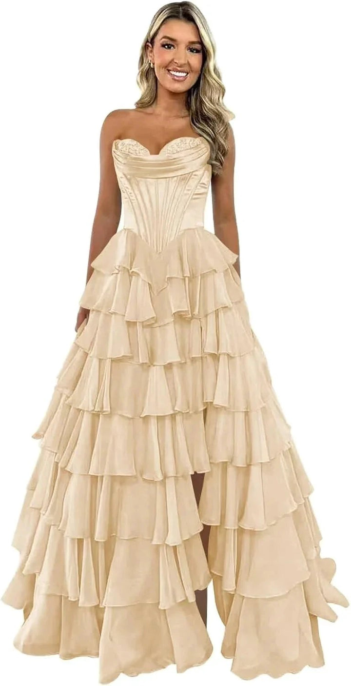 Strapless Corset Prom Dresses for Women 2025 Long Tiered Ruffle Chiffon Formal Evening Gown with Slit by Sunnderly