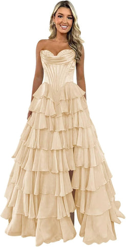 Vestidos de fiesta con corsé sin tirantes para mujer 2025, vestido de noche formal de gasa con volantes escalonados y abertura 