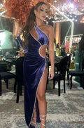Woman in a one-shoulder purple velvet cutout evening dress at a formal event, ZAPDRESS fashion