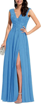 Chiffon Appliques Bridesmaid Dress Long V Neck Beaded Wedding Guest Gown with Split by Sunnderly