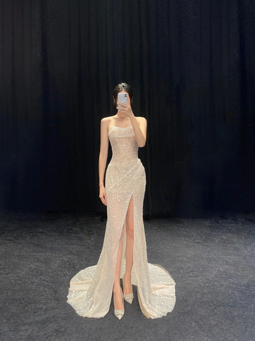 Vestido de noche largo de sirena con purpurina y abertura Y2931
