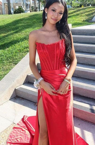 Vestidos de fiesta de sirena con encaje satinado para mujer, largos con abertura, sin tirantes, para noche formal, 2025 