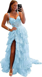 Sparkly Tiered Lace Tulle Prom Dresses Long 2025 Spaghetti Straps Formal Corset Evening Gown with Slit by Sunnderly