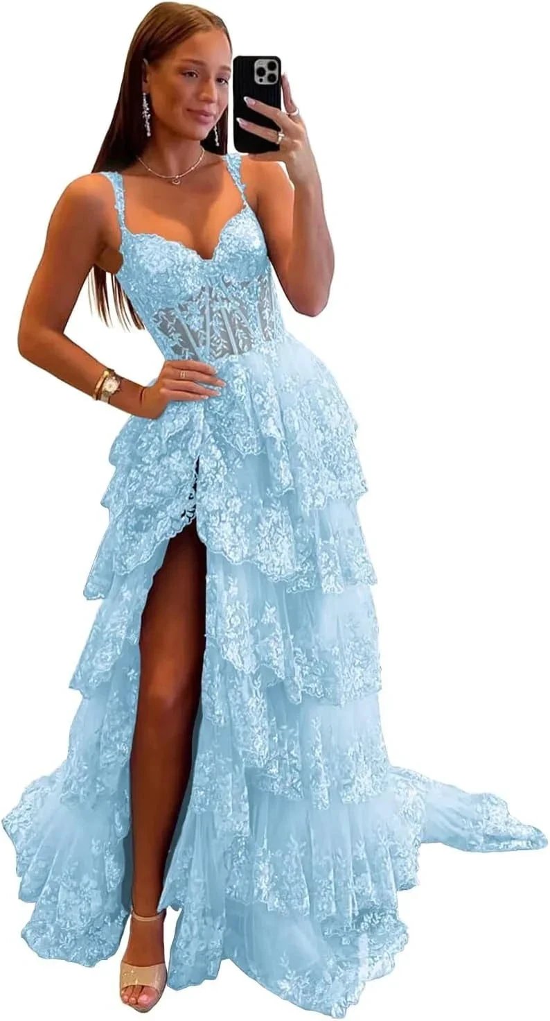 Sparkly Tiered Lace Tulle Prom Dresses Long 2025 Spaghetti Straps Formal Corset Evening Gown with Slit by Sunnderly