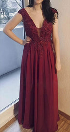 Chiffon Appliques Bridesmaid Dress Long V Neck Beaded Wedding Guest Gown with Split by Sunnderly