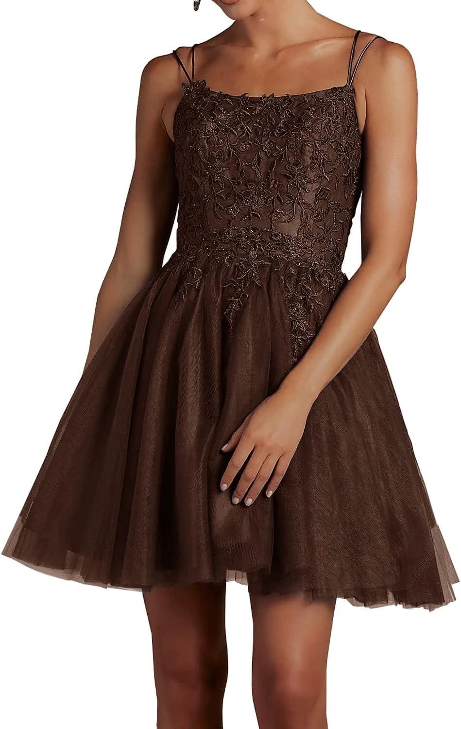 Modest Lace Beaded Tulle Homecoming Dresses Short Square Neck Prom Dress Spaghetti Straps Party Gown by Sunnderly