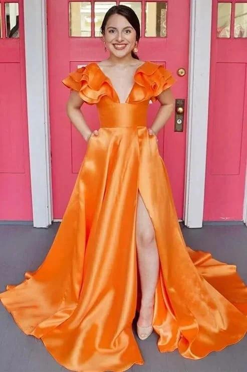 Betsy | Hot Pink V-Neck Ruffle A-Line Long Prom Dress by KissProm
