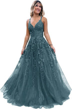 Floral Lace Glitter Tulle Prom Dress Long Ball Gown V Neck Formal Evening Dress Maxi Party Gown by Sunnderly
