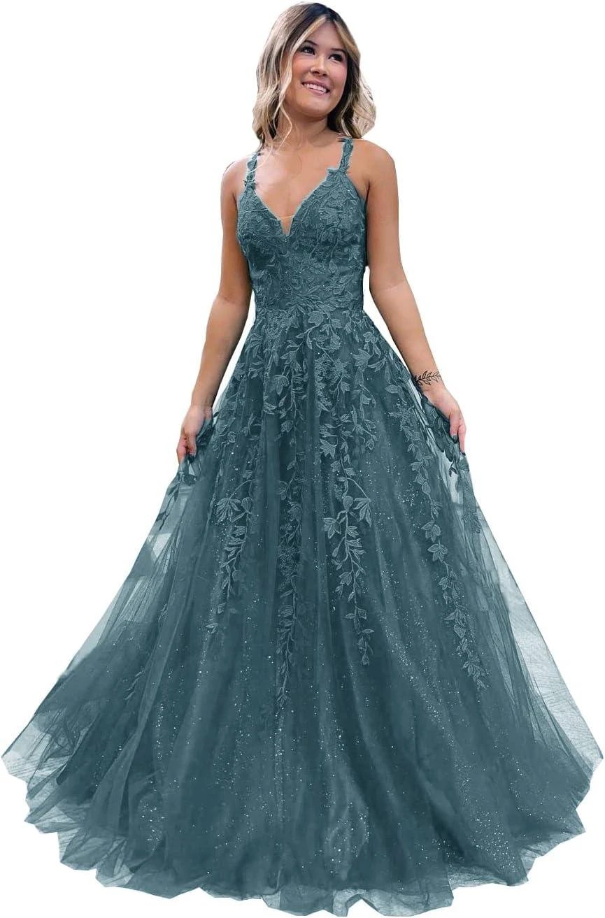 Floral Lace Glitter Tulle Prom Dress Long Ball Gown V Neck Formal Evening Dress Maxi Party Gown by Sunnderly