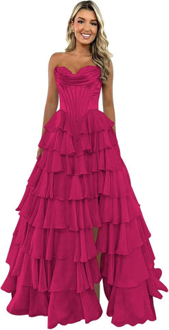 Vestidos de fiesta con corsé sin tirantes para mujer 2025, vestido de noche formal de gasa con volantes escalonados y abertura 