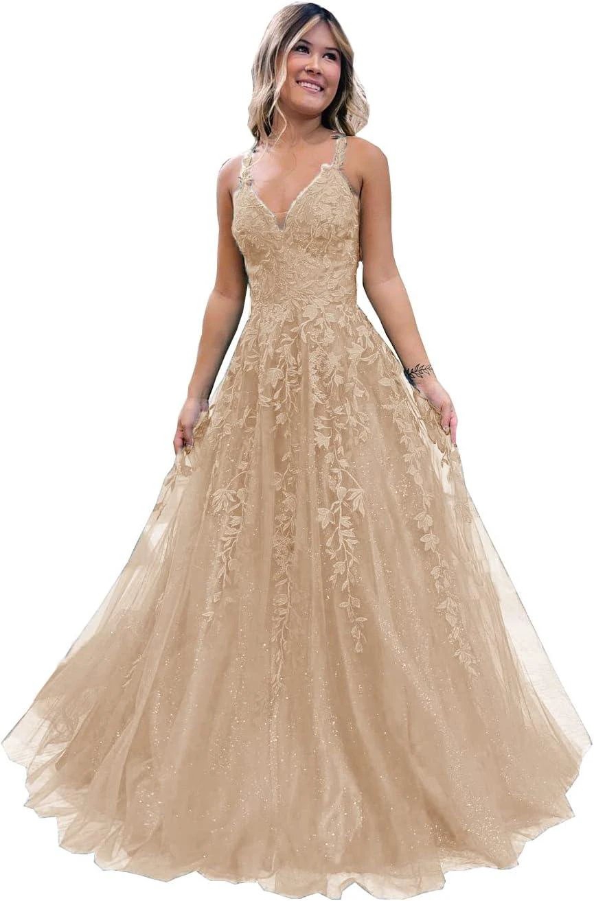 Floral Lace Glitter Tulle Prom Dress Long Ball Gown V Neck Formal Evening Dress Maxi Party Gown by Sunnderly