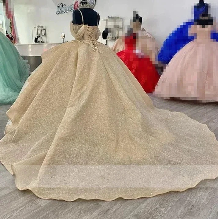 Sparkly Champagne Princess Ball Gown Quinceanera Dresses Elegant Straps Appliques Sweet 16 Dress Y4150 by simplepromdress