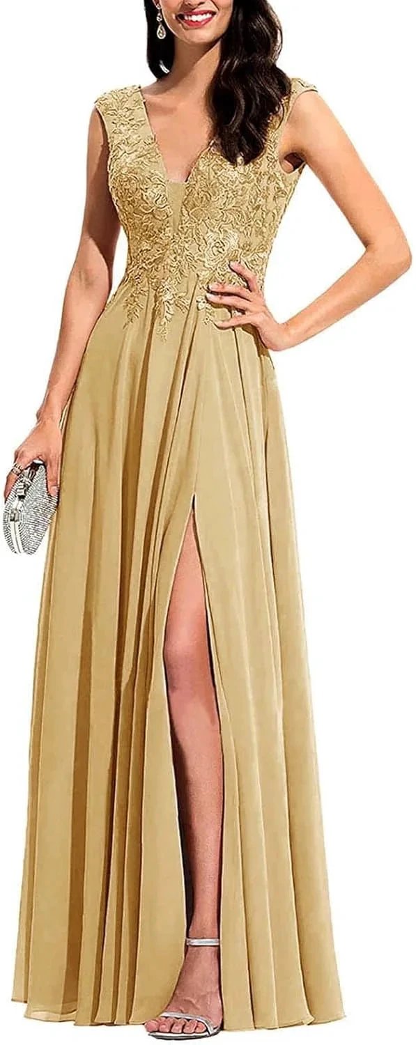 Chiffon Appliques Bridesmaid Dress Long V Neck Beaded Wedding Guest Gown with Split by Sunnderly