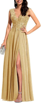 Chiffon Appliques Bridesmaid Dress Long V Neck Beaded Wedding Guest Gown with Split by Sunnderly