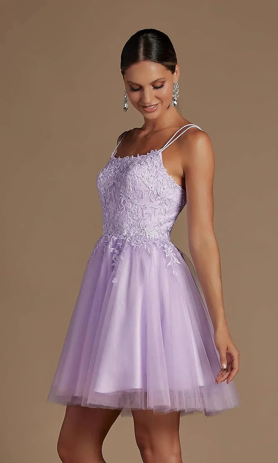 Modest Lace Beaded Tulle Homecoming Dresses Short Square Neck Prom Dress Spaghetti Straps Party Gown by Sunnderly