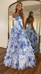 Strapless Corset Prom Dresses for Women 2025 Long Tiered Ruffle Chiffon Formal Evening Gown with Slit by Sunnderly