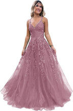 Floral Lace Glitter Tulle Prom Dress Long Ball Gown V Neck Formal Evening Dress Maxi Party Gown by Sunnderly