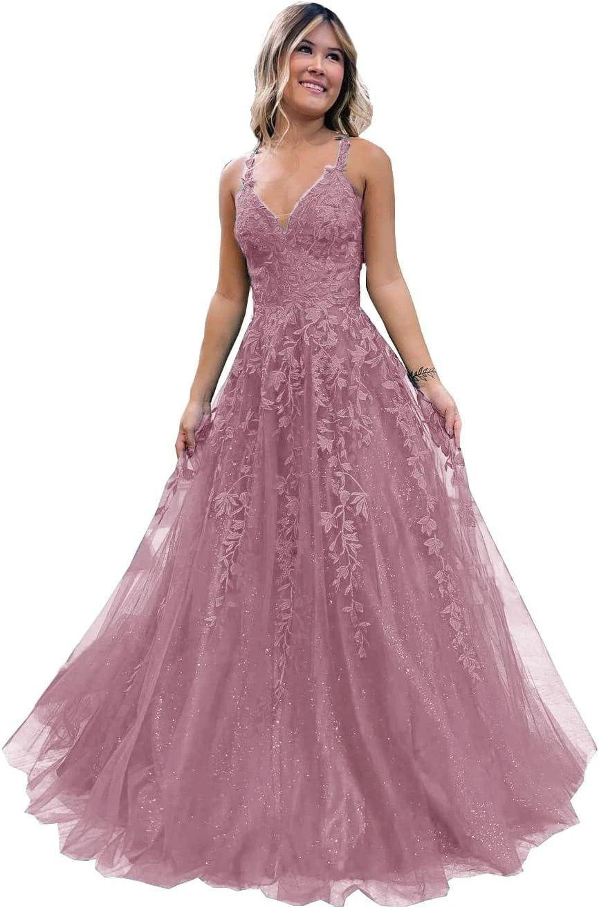 Floral Lace Glitter Tulle Prom Dress Long Ball Gown V Neck Formal Evening Dress Maxi Party Gown by Sunnderly