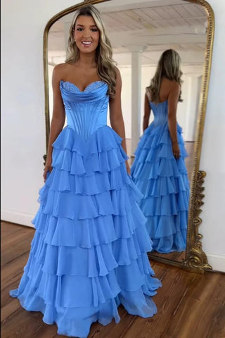 Vestidos de fiesta con corsé sin tirantes para mujer 2025, vestido de noche formal de gasa con volantes escalonados y abertura 