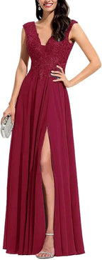Chiffon Appliques Bridesmaid Dress Long V Neck Beaded Wedding Guest Gown with Split by Sunnderly