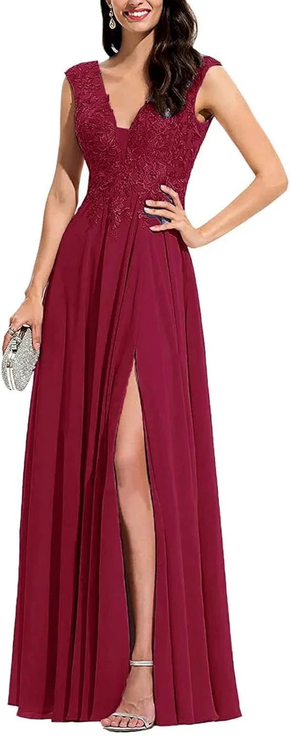 Chiffon Appliques Bridesmaid Dress Long V Neck Beaded Wedding Guest Gown with Split by Sunnderly