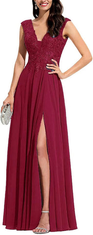 Vestido de dama de honor con apliques de gasa, cuello en V largo, cuentas, para invitada de boda con abertura 