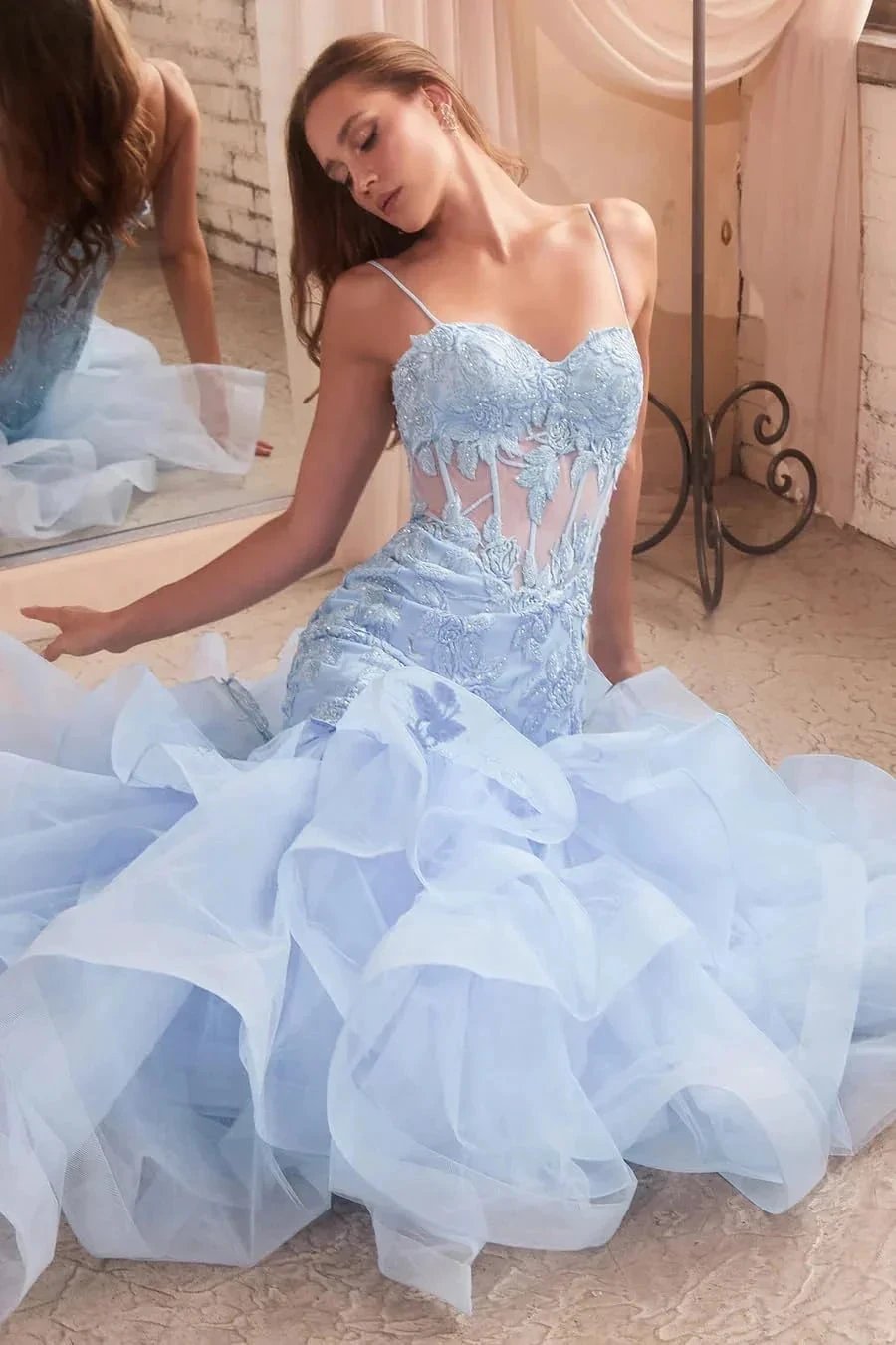 Women's Lace Applique Tulle Prom Dresses Long Mermaid Ruffles Sparkly Formal Evening Party Gown by Sunnderly