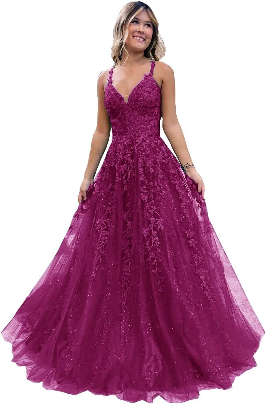 Floral Lace Glitter Tulle Prom Dress Long Ball Gown V Neck Formal Evening Dress Maxi Party Gown by Sunnderly