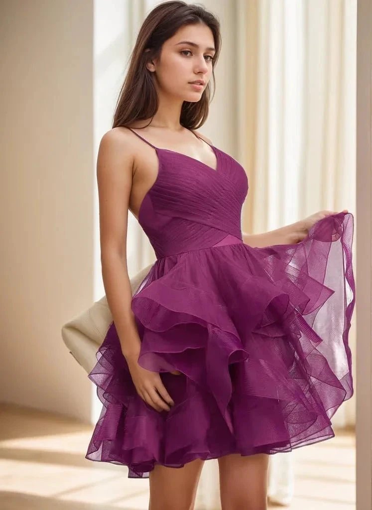 Puffy Ruffle Short Homecoming Dress Tull Tutu Prom Dress V Neck Formal Party Gown by Sunnderly