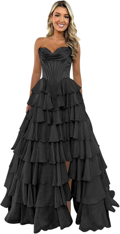 Vestidos de fiesta con corsé sin tirantes para mujer 2025, vestido de noche formal de gasa con volantes escalonados y abertura 