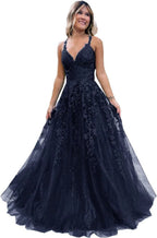 Floral Lace Glitter Tulle Prom Dress Long Ball Gown V Neck Formal Evening Dress Maxi Party Gown by Sunnderly