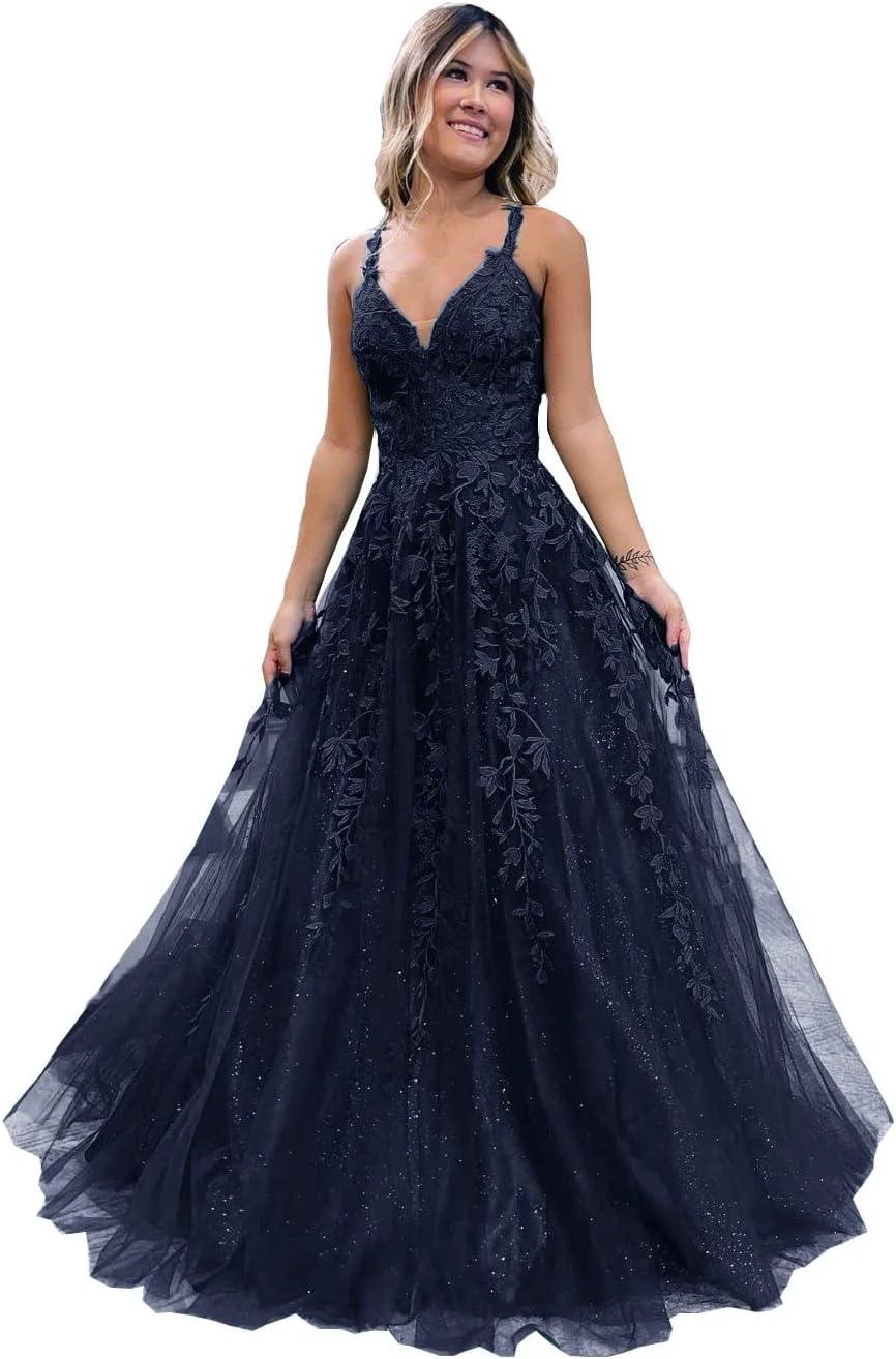 Floral Lace Glitter Tulle Prom Dress Long Ball Gown V Neck Formal Evening Dress Maxi Party Gown by Sunnderly