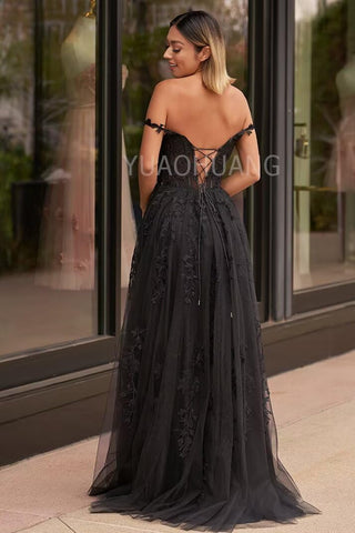 Vestidos de fiesta de tul con apliques de encaje para mujer 2025, vestido de fiesta formal de noche con tirantes finos y abertura 