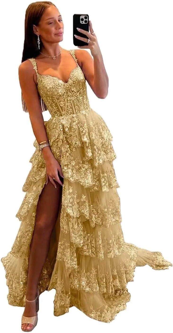 Sparkly Tiered Lace Tulle Prom Dresses Long 2025 Spaghetti Straps Formal Corset Evening Gown with Slit by Sunnderly