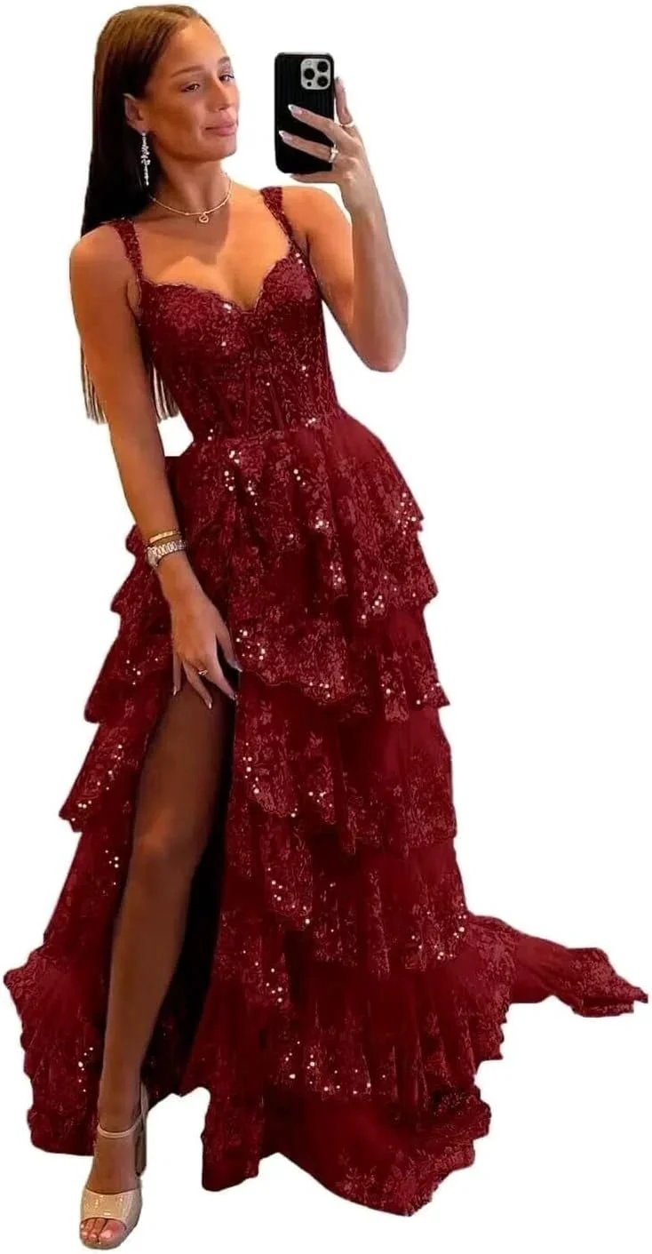 Sparkly Tiered Lace Tulle Prom Dresses Long 2025 Spaghetti Straps Formal Corset Evening Gown with Slit by Sunnderly