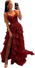 Sparkly Tiered Lace Tulle Prom Dresses Long 2025 Spaghetti Straps Formal Corset Evening Gown with Slit by Sunnderly