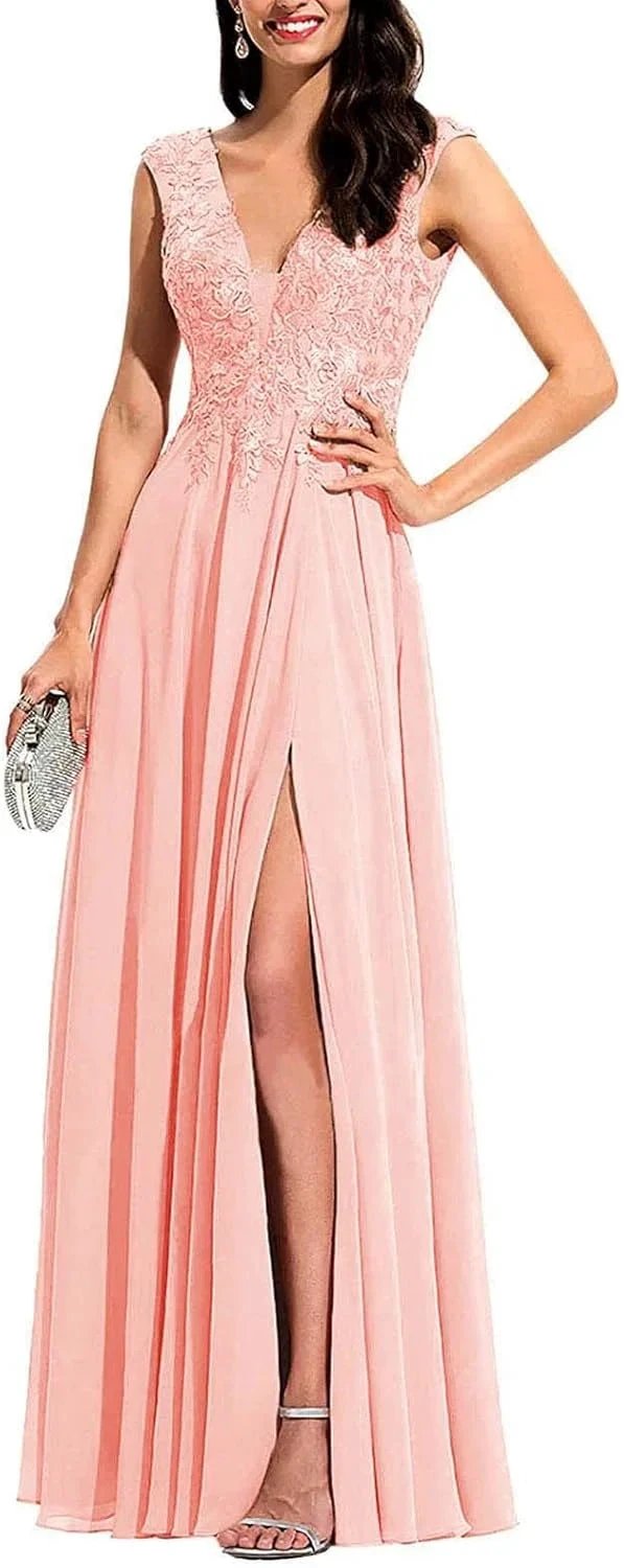 Chiffon Appliques Bridesmaid Dress Long V Neck Beaded Wedding Guest Gown with Split by Sunnderly
