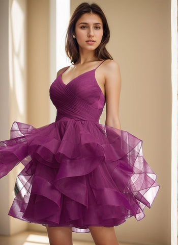 Puffy Ruffle Short Homecoming Dress Tull Tutu Prom Dress V Neck Formal Party Gown