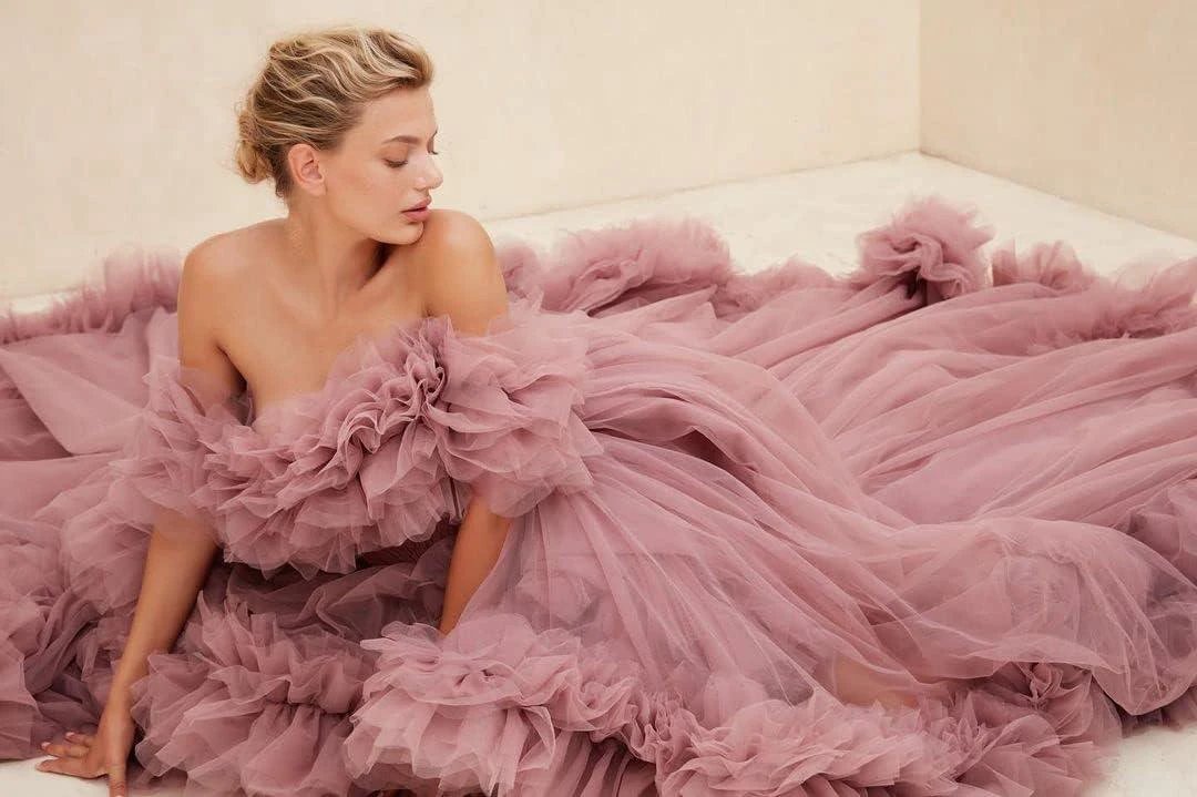 Ruffles Tulle Robe for Maternity Photoshoot Sheer Off Shoulder Maternity Robe Pregnant Baby Shower Prom Gown by Sunnderly