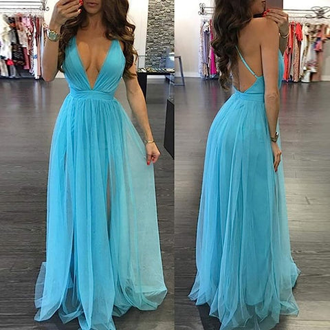 V-Ausschnitt, sexy, rückenfreies Spaghettiträger-Ballkleid mit Schlitz, SYP169