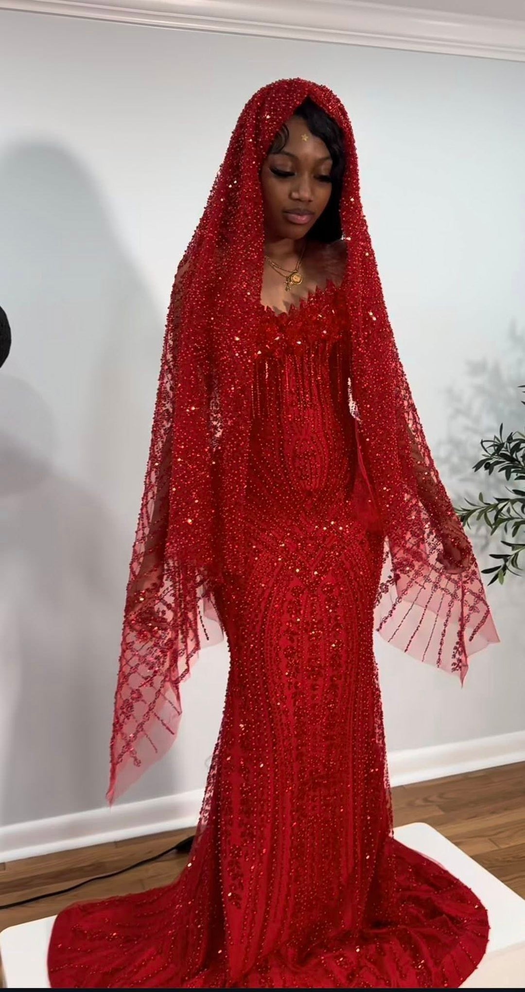 The Ruby Heiress - 2026 Hand-Beaded Crimson Mermaid Gown with Matching Crystal-Encrusted Hooded Veil