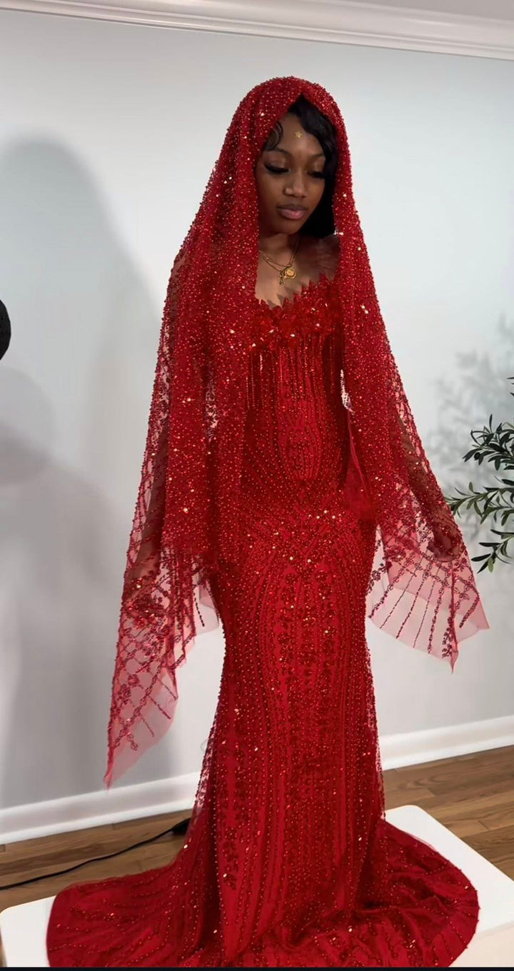 The Ruby Heiress - 2026 Hand-Beaded Crimson Mermaid Gown with Matching Crystal-Encrusted Hooded Veil