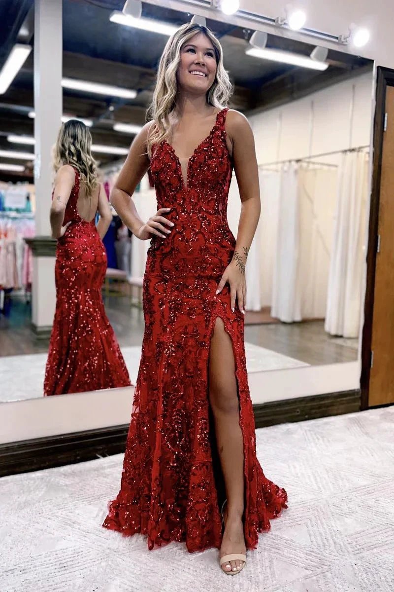 Avianna |Mermaid V Neck Sequined Lace Prom Dress with Slit by KissProm