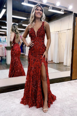 Avianna | Meerjungfrau-Ballkleid mit V-Ausschnitt, Pailletten und Spitze und Schlitz