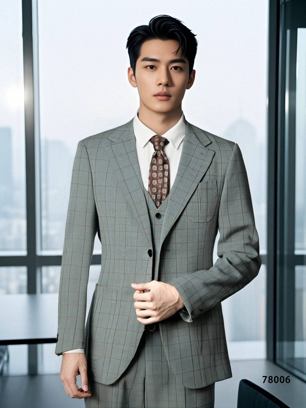 Three-Piece Windowpane Check Wool Suit | Tailored Formal Groom & Business Suit by 男装