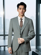 Three-Piece Windowpane Check Wool Suit | Tailored Formal Groom & Business Suit by 男装