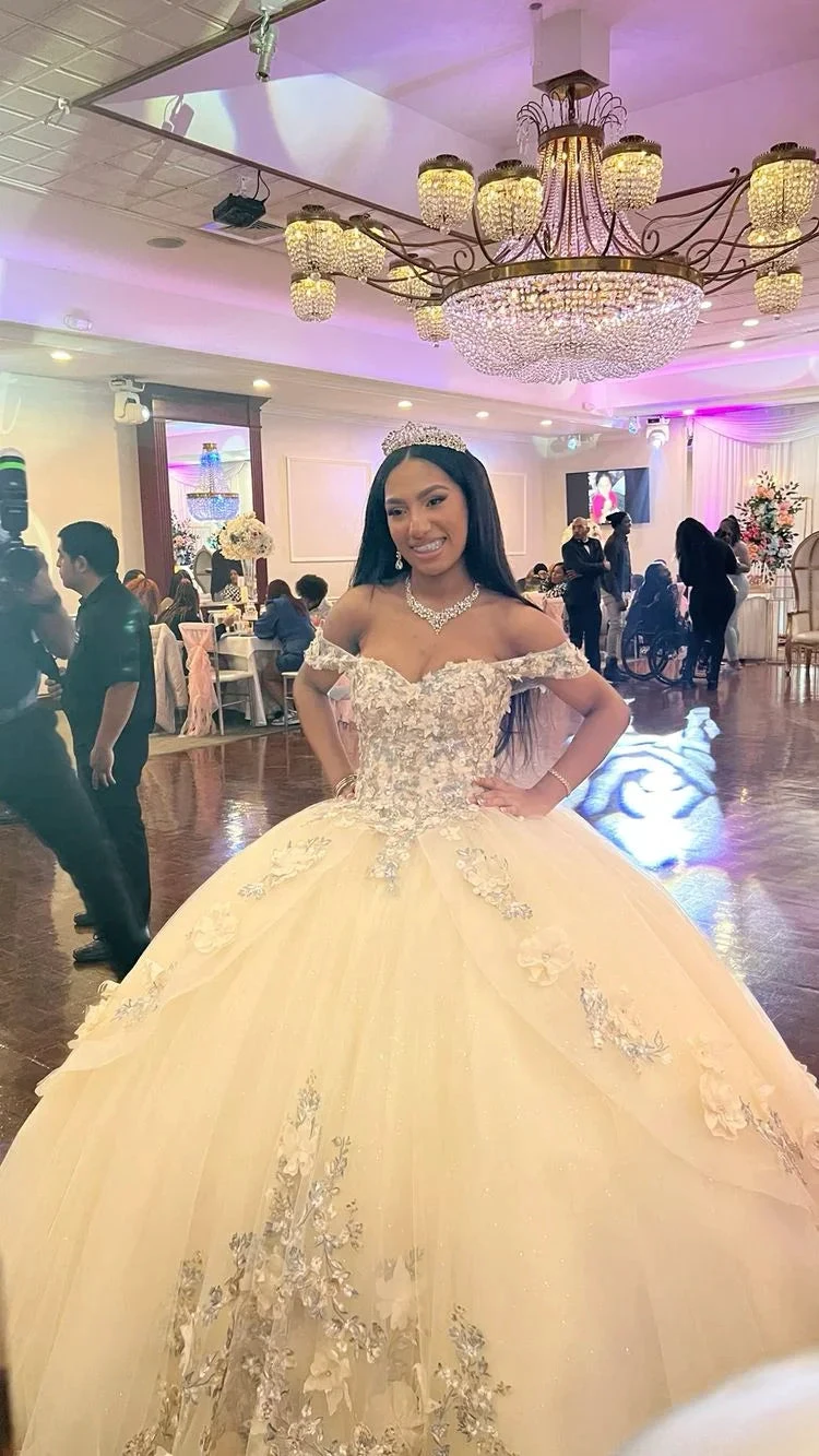 Champagne quince dress with flowers forest sweet 16 dress off the shoulder ball gown Y3026 by simplepromdress