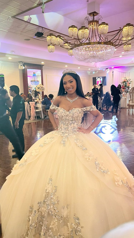 Vestido de quinceañera color champán con flores estilo bosque, vestido de fiesta de dulces 16 con hombros descubiertos Y3026