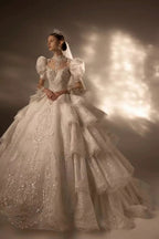 Regal High Neck Puff Sleeve Tulle Wedding Dress with Sequin Embroidery & Layered Ruffle Train Q6020 by ZAPDRESS